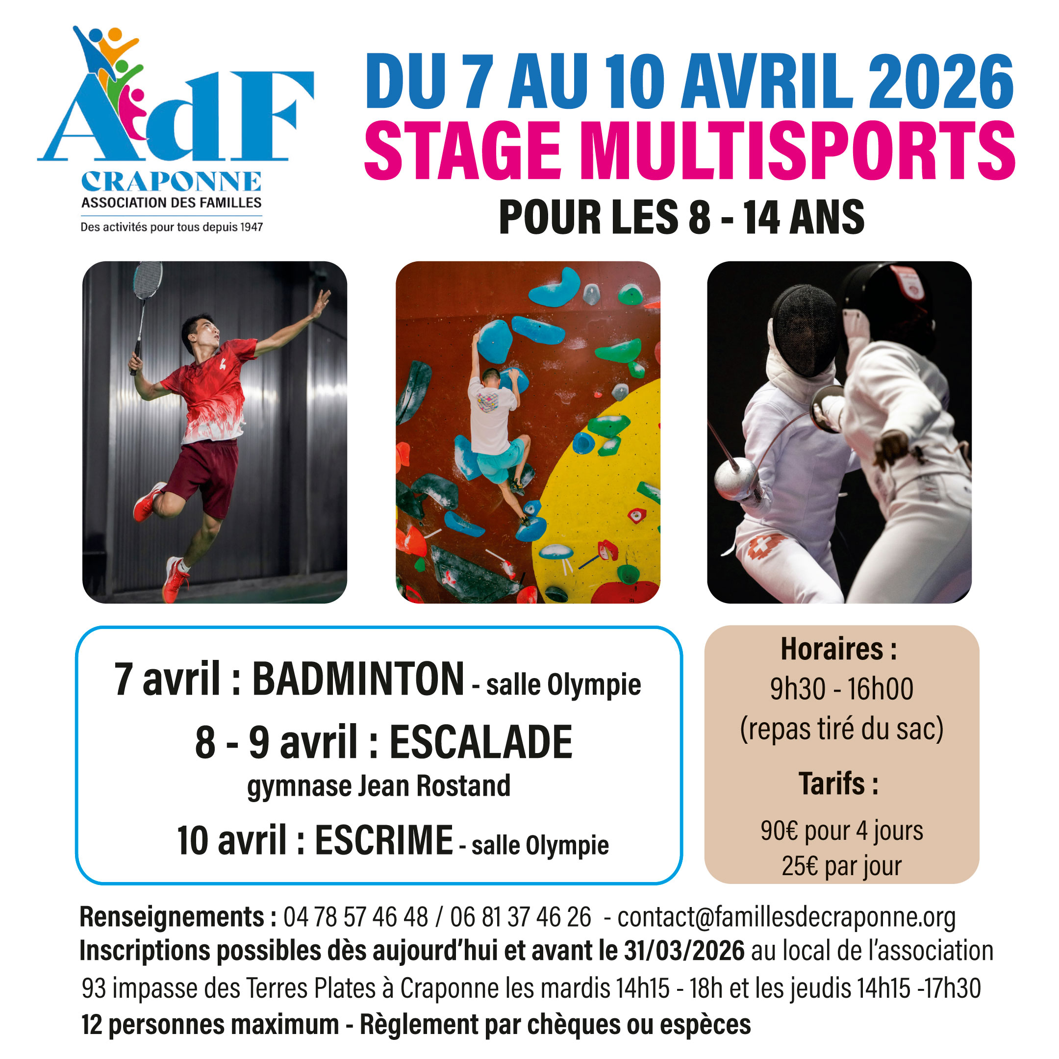 STAGE MULTISPORTS POUR LES 8-14 ANS DU 7 AU 10 AVRIL 2026
