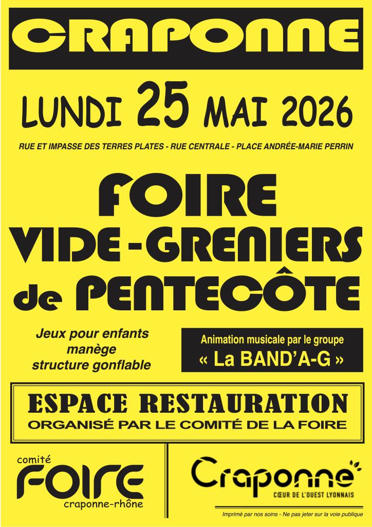 À VOS AGENDAS ! 25/05/2026 : Foire/Vide-Greniers de Pentecôte à Craponne