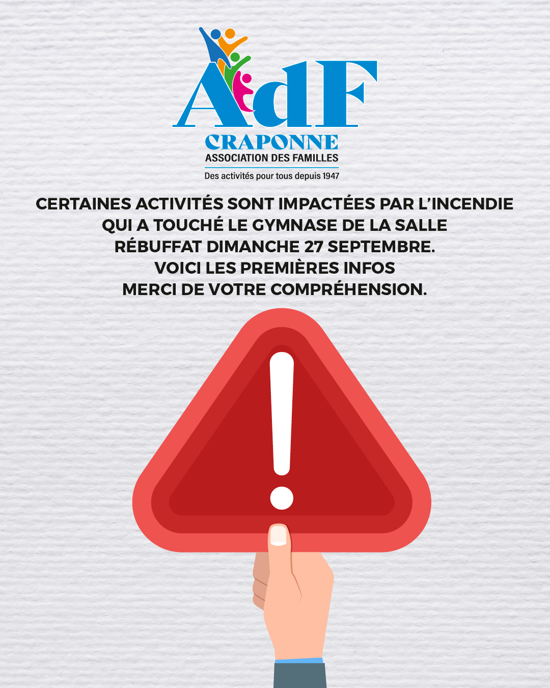 Informations importantes suite au terrible incendie du gymnase Rébuffat du 27 septembre 2026